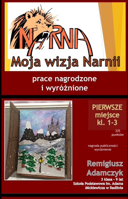 Remigiusz Adamczyk laureatem 1. miejsca w Międzyszkolnym konkursie plastycznym ''Moja wizja Narnii''!