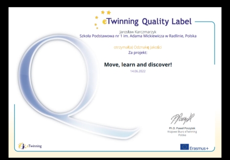 Krajowa Odznaka eTwinning za projekt ''Move, learn and discover''