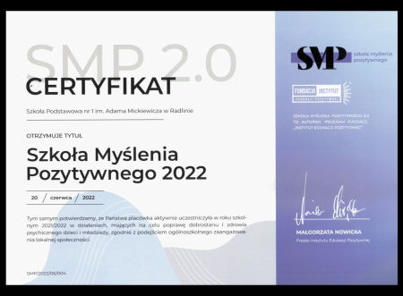 Certyfikat Szkoła Myślenia Pozytywnego 2022