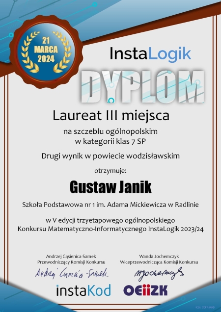 Gustaw Janik Laureatem III miejsca w Ogólnopolskim Konkursie InstaLogik