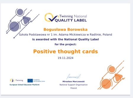 Projekt Positive Though Cards otrzymał Narodową i Europejską Odznakę Jakości eTw...