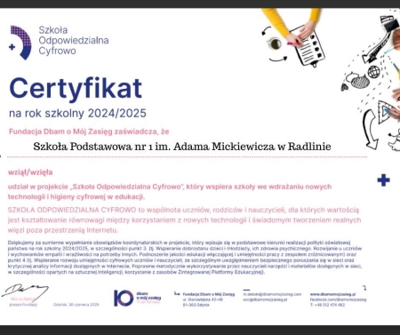 Certyfikat Szkoły Odpowiedzialnej Cyfrowo